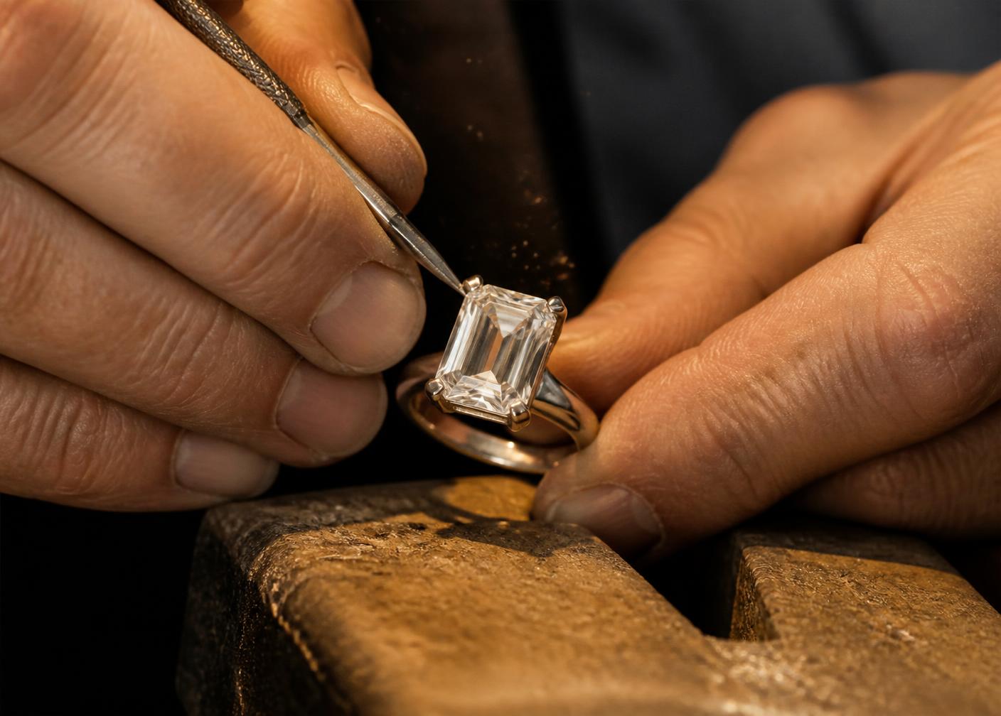 A master jeweller setting prongs on a platinum ring holding an emerald-cut gemstone