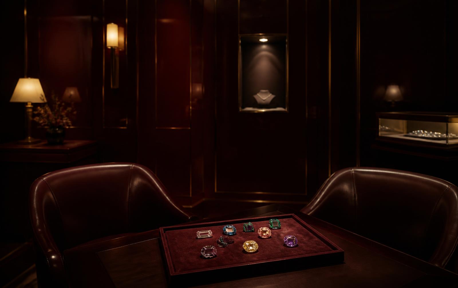 A private jewellery salon with a velvet tray of rare gemstones under low warm light