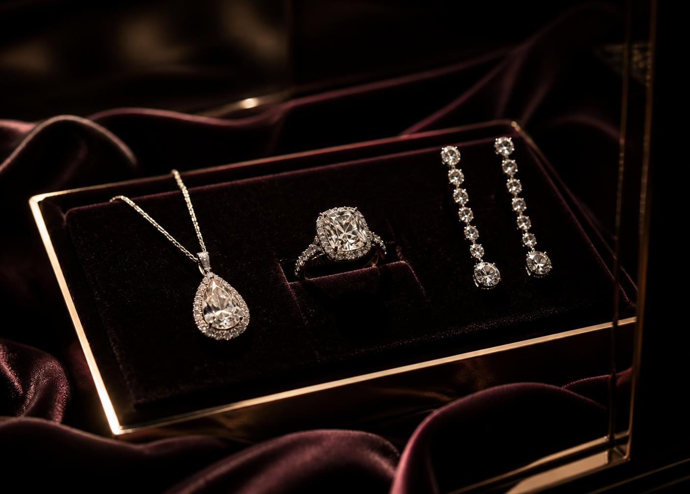 A velvet presentation tray with a pear pendant, cushion-cut ring and diamond earrings